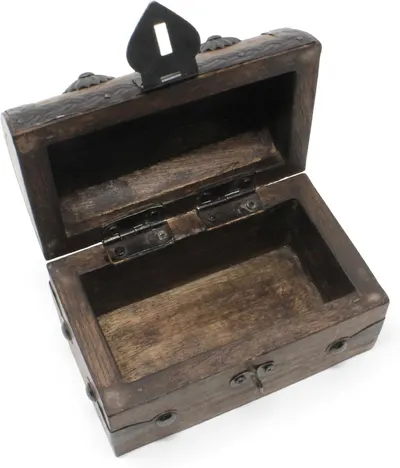 Shows the open interior and hinge mechanism to reveal storage space and construction.