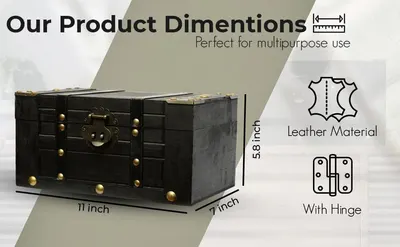 Gives the exact physical dimensions so shoppers know the chest fits their intended space. Highlights leather construction and hinged lid as key build features.