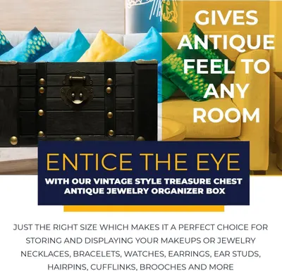 Promotes the antique look that adds vintage character to any room and suits jewelry storage needs. Shows the chest suited for storing makeup and many jewelry types in a decorative room setting.