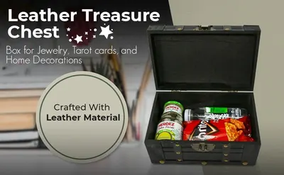 Shows the chest holding varied items to demonstrate its range of storage uses. Highlights the leather material as the key construction claim.