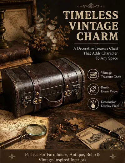 Sets a vintage decorative mood that positions the chest as a style piece for farmhouse and antique interiors. Communicates that the treasure chest adds character to any space through one core…