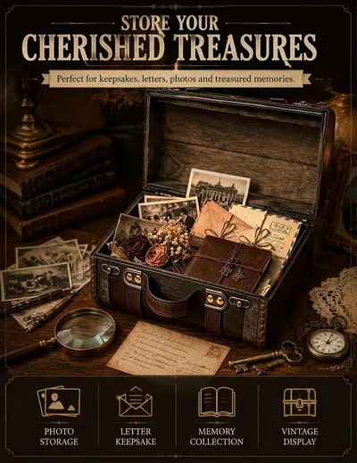 Positions the chest as a sentimental keepsake gift suited to gifting occasions. Lists four storage and display uses in segmented icons to show the chest's versatility for treasured items.