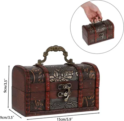 Shows exact dimensions of the treasure chest so shoppers can judge its physical size before buying. Inset shows a hand carrying the box, highlighting its…