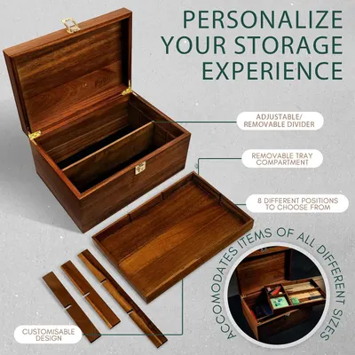 Shows the wooden box can be customized with an adjustable divider, removable tray, and multiple positions to suit the owner's storage needs. Headline frames the product as a personalized storage…