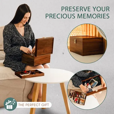 Conveys that the wooden keepsake box is designed to preserve cherished memories, reinforced by a lifestyle scene and a gift badge. Positions the memory box as…