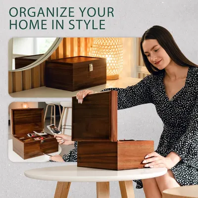 Shows the wooden storage box in a real home setting to convey its style and fit within everyday living spaces.