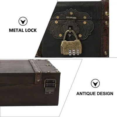 Highlights the metal lock and antique styling to reassure shoppers of security and vintage appeal.