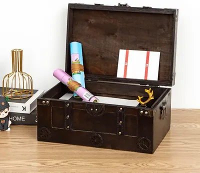 Shows the trunk holding documents, rolled posters, and keepsakes to communicate its versatility for different storage needs.