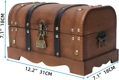 Shows exact external dimensions so shoppers can confirm the trunk fits their space. Highlights the traditional treasure chest styling with metal hardware and leather straps.