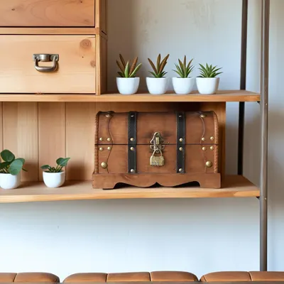 Shows the chest styled as decor on a wooden shelf among plants.