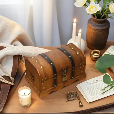 Shows the chest styled in a cozy room setting as a decorative keepsake box.