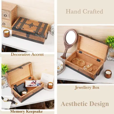 Shows the wooden box styled in real home settings for decor and keepsake storage. Segmented panels highlight the handcrafted build and aesthetic design of the box.