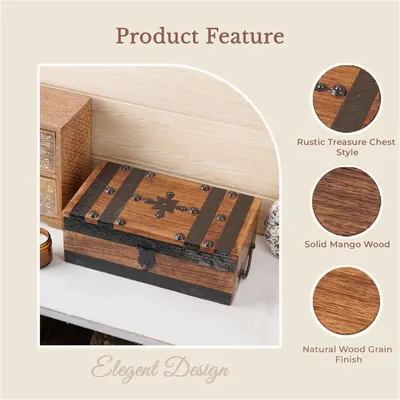 Presents the wooden treasure chest's rustic style, solid mango wood build, and natural grain finish through a main product photo with supporting detail circles to reassure shoppers of its elegant,…