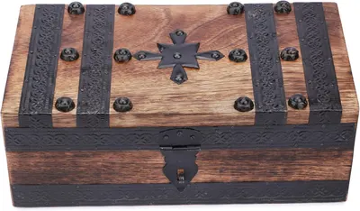 Shows the box as a single product photo highlighting its rustic wooden finish and decorative black metal straps and hardware that give it a vintage treasure…