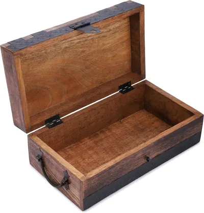 Shows the open wooden box interior and rustic metal hardware in a plain product photo without text overlays.