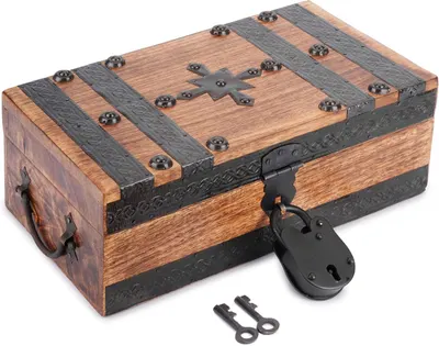 Shows the rustic wooden box with iron hardware styled as a decorative keepsake chest for home display or gifting.