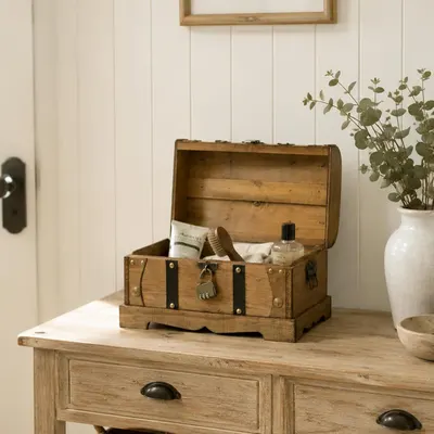 Shows the trunk styled in a home setting holding bath items, conveying its use as a decorative storage piece.