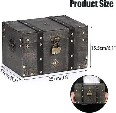 Shows the exact physical dimensions of the treasure chest so shoppers know how big it is before buying. Reinforces that the chest is a compact, easy to carry size.