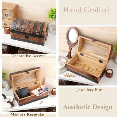 Shows multiple uses for the chest including decor, keepsake storage, and jewelry storage to demonstrate versatility. Highlights the handcrafted quality and aesthetic design in segmented panels.
