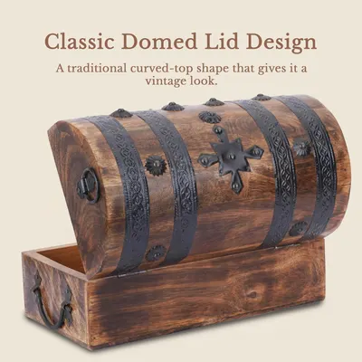 Shows the traditional curved-top lid that gives the box a vintage look.