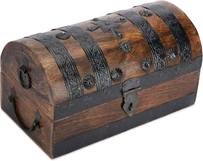 Showcases the chest's detailed vintage styling and metal hardware in a clean product photo.