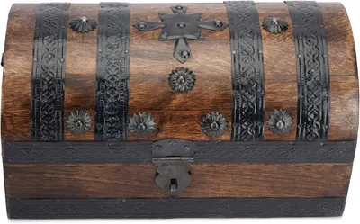 Highlights the detailed metal studs, straps, and latch that give the chest its vintage look.