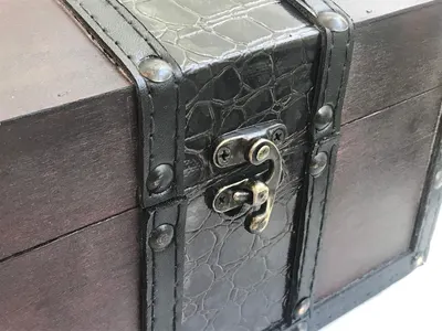 Close-up shows the lock latch and textured trim details so shoppers see the build quality of the chest.
