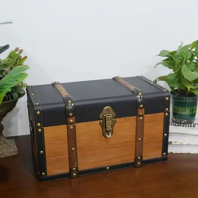 Shows the trunk styled on a wooden table among plants to inspire home decor use.