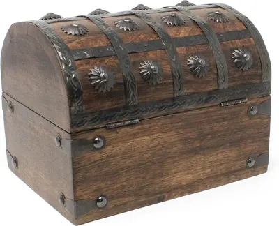 Highlights the decorative hand-finished metal bands and studs on the chest in a clean product photo.