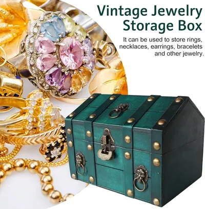 Shows the box beside jewelry to communicate its core use for storing rings, necklaces, earrings, and bracelets.