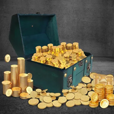 Shows the interior of the open chest filled with coins to highlight its capacity. Conveys that the chest holds a generous amount of treasure in a fun, themed scene.