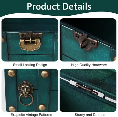 Shows four segmented panels highlighting lock design, hardware quality, decorative patterns, and durable hinges.