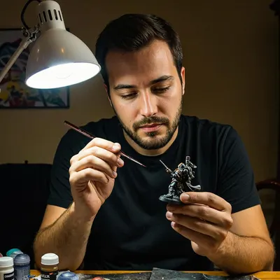 Shows a real person painting a miniature with the brush in a home setting, helping shoppers picture the brush in their own hobby space. Conveys that the brushes suit precise miniature painting work.