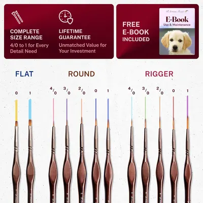 Shows the full range of brush tip sizes so shoppers can see the options for every detail need. Reinforces the brand value with a lifetime guarantee and a free e-book bonus.
