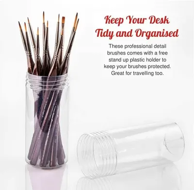 Shows the included clear holder that keeps brushes protected and organized at home or while traveling. Presents the brushes in a clean storage holder setting to show a tidy desk solution.