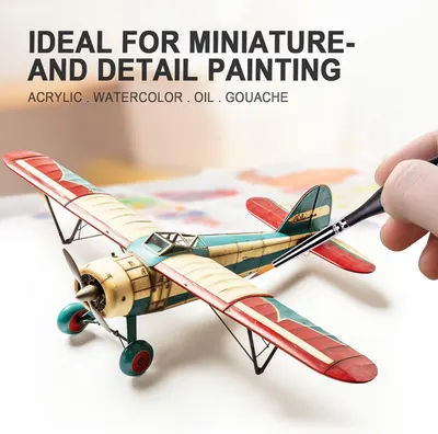 Shows the brush being used on a miniature model to communicate that it is ideal for detailed painting work. Lists acrylic, watercolor, oil, and gouache to show the brush works across several paint…