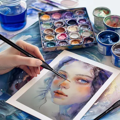 Shows a brush painting fine facial details on a watercolor portrait to reassure buyers of precision control.