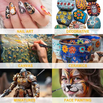 Shows the brushes used across six different creative surfaces to demonstrate versatility for many projects.