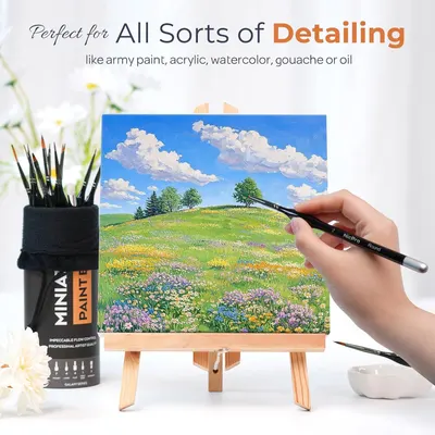 Shows the brush suits many paint types for detailed work across different painting styles. Communicates that the brush is built for precise detailing.