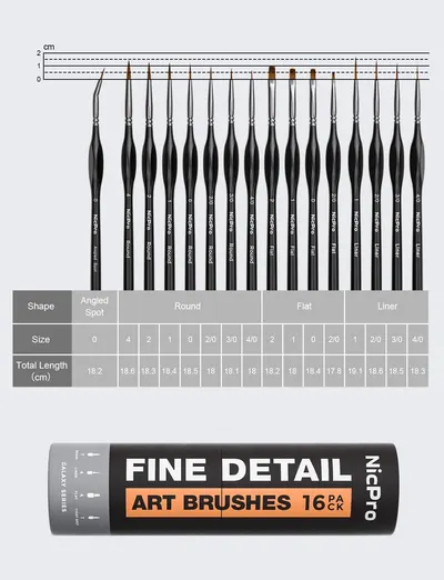 Shows every brush shape and size included in the 16 piece set with total lengths. Highlights the consistent overall length of each brush in the set.