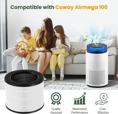 Shows the filter fits the Coway Airmega 100 purifier so shoppers know it is a valid replacement. Confirms the filter works with the Coway Airmega 100 model.