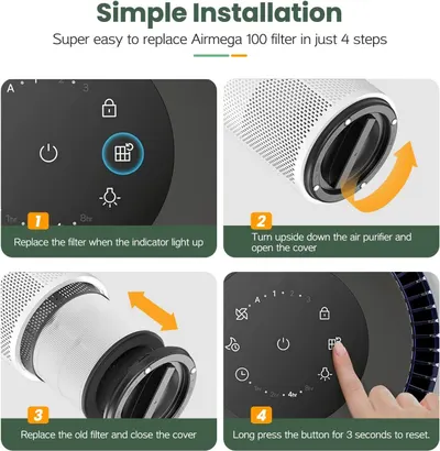 Shows shoppers the filter can be replaced in four easy steps on the Airmega 100.