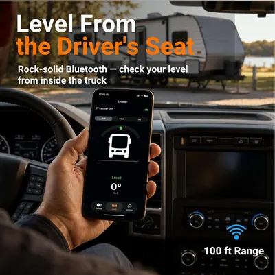 Shows the user can check RV level from inside the truck via Bluetooth app within 100 ft range. Shows real-world use of checking RV level from the driver seat.