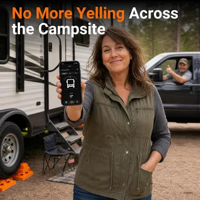 Shows a customer benefit of easy leveling without shouting across the campsite. Highlights that the app replaces yelling to coordinate leveling.