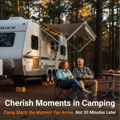 Shows couple enjoying camp life after quick setup.