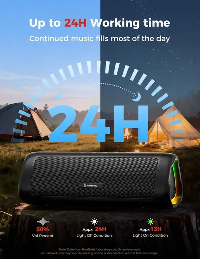 Highlights the 24-hour battery life as the bold headline stat to show all-day listening.