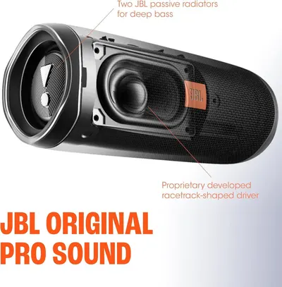 Highlights multiple audio hardware features that deliver deep bass and pro sound quality. Points to the physical speaker components responsible for the sound output.