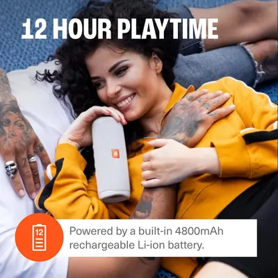 Emphasizes the 12 hour playtime stat backed by a 4800mAh rechargeable battery. Communicates that the speaker offers long lasting battery life for extended listening.