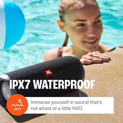 Reassures shoppers that the speaker is fully waterproof and safe around pools and water.