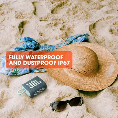 Communicates full water and dust protection for beach and outdoor use. Reassures shoppers it will survive sand and splashes.